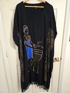 Magic Women's Black Caftan Mumu with Gold & Blue Drum Player Motif One Size